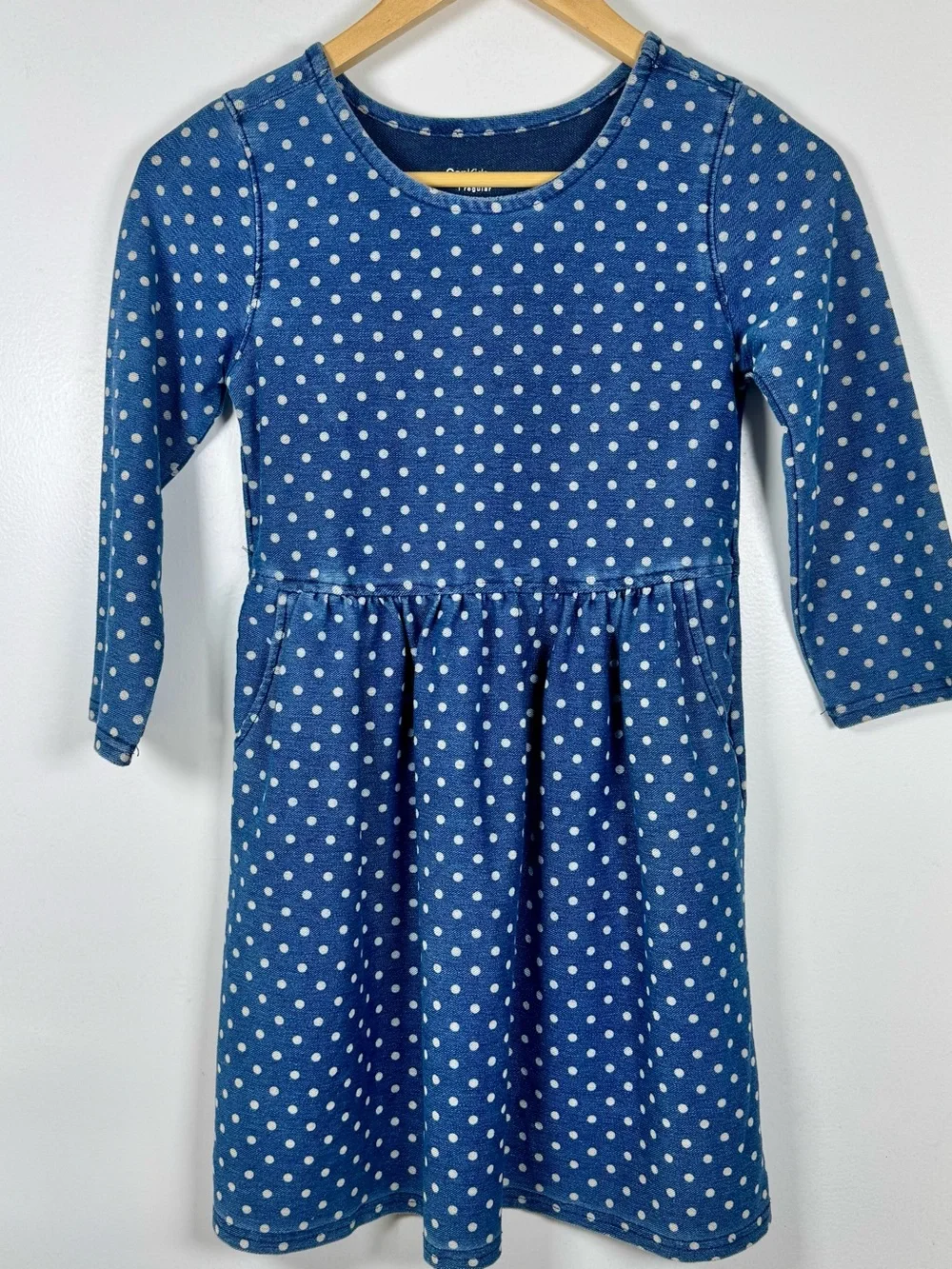 GAP 1969 Denim Knit Polka Dot Girls Dress Large 10 12 Pockets Long Sleeve EUC